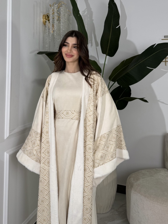 Embroidered Fur Bisht with Suede Dress  جلابية شموخ الفرو