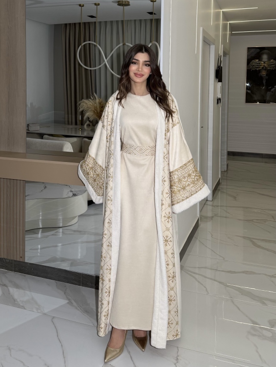 Embroidered Fur Bisht with Suede Dress  جلابية شموخ الفرو