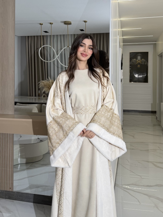 Embroidered Fur Bisht with Suede Dress  جلابية شموخ الفرو