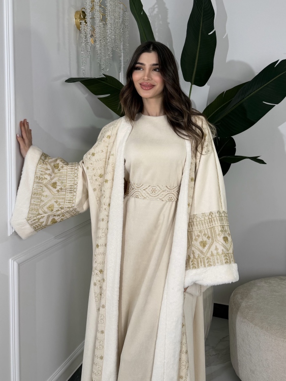 Embroidered Fur Bisht with Suede Dress  جلابية شموخ الفرو