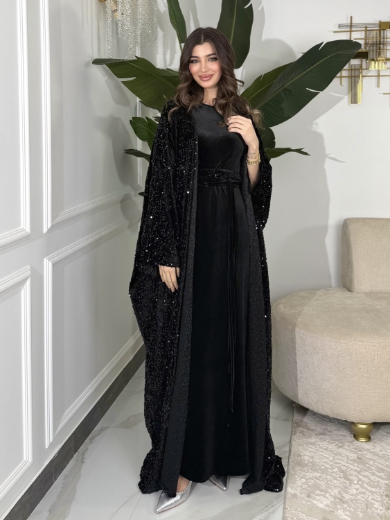 Dress with a sequined velvet bisht جلابية ميرا