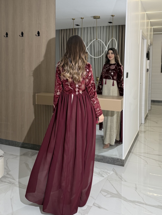 Heavy linen dress paired with a shirred velvet top