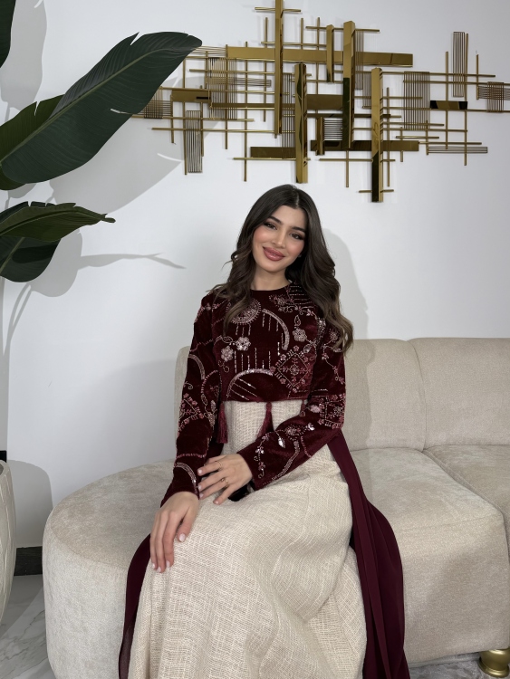 Heavy linen dress paired with a shirred velvet top