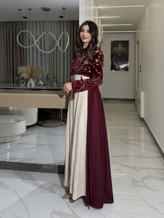 Heavy linen dress paired with a shirred velvet top