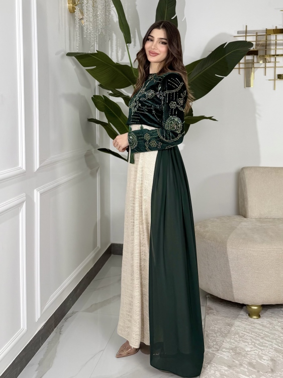 Heavy linen dress paired with a shirred velvet top جلابية وفستان الاميرة 