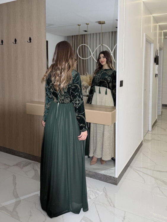 Heavy linen dress paired with a shirred velvet top جلابية وفستان الاميرة 