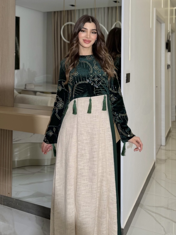 Heavy linen dress paired with a shirred velvet top جلابية وفستان الاميرة 