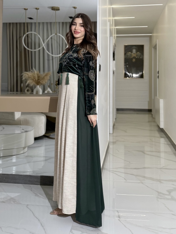 Heavy linen dress paired with a shirred velvet top جلابية وفستان الاميرة 