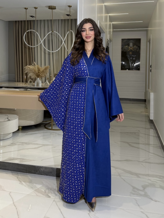 Open Front Jalabiya With Belt جلابية الشيخة  (نيلي )