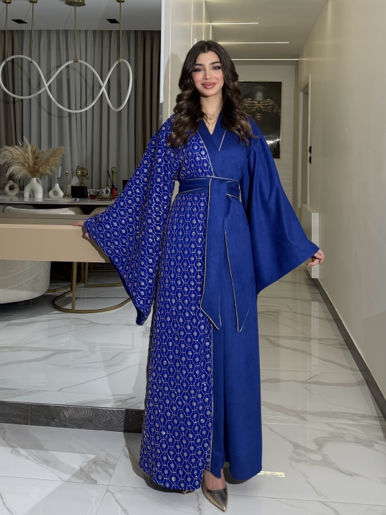 Open Front Jalabiya With Belt جلابية الشيخة  (نيلي )