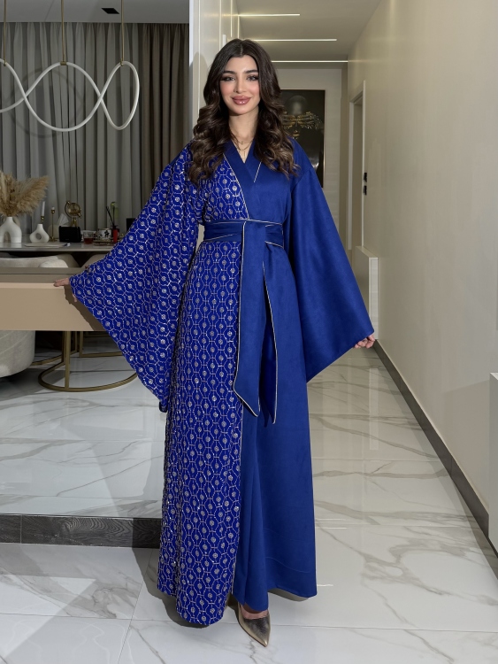 Open Front Jalabiya With Belt جلابية الشيخة  (نيلي )