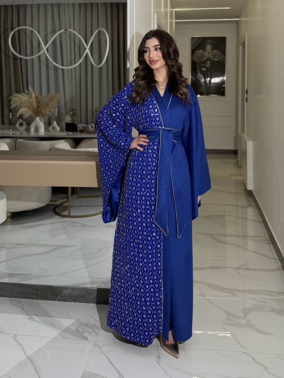 Open Front Jalabiya With Belt جلابية الشيخة  (نيلي )