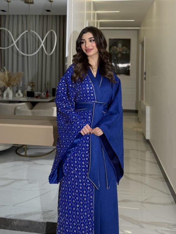 Open Front Jalabiya With Belt جلابية الشيخة  (نيلي )