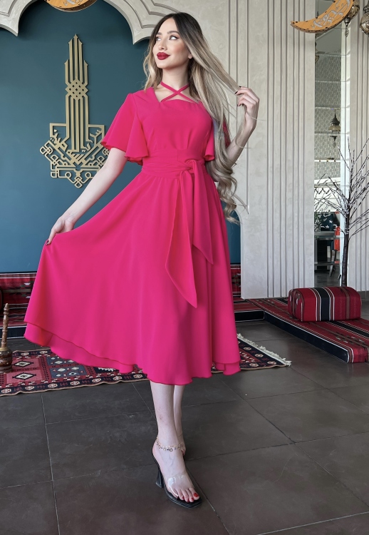 ‏Butterfly sleeve belted dress