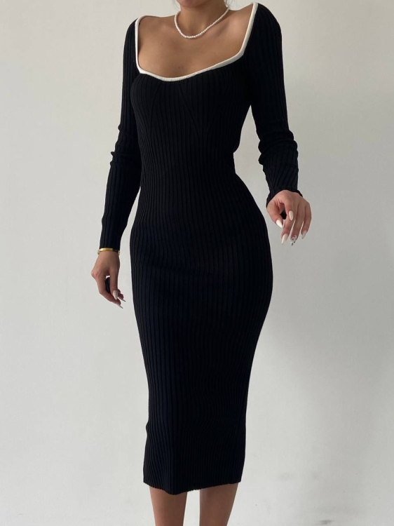 Squared-Neck Black Midi Dress