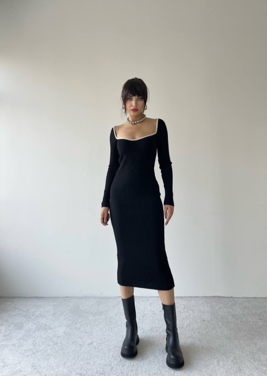 Squared-Neck Black Midi Dress