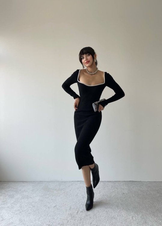 Squared-Neck Black Midi Dress