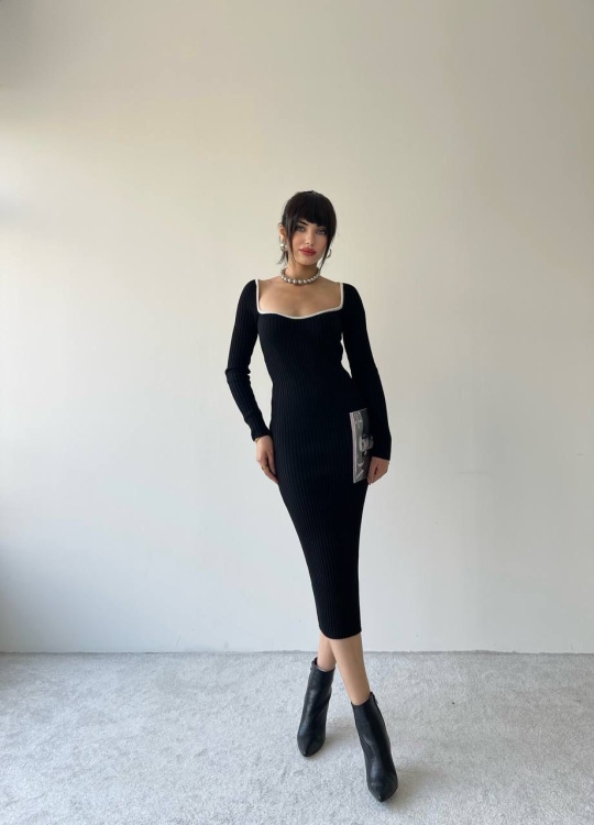 Squared-Neck Black Midi Dress