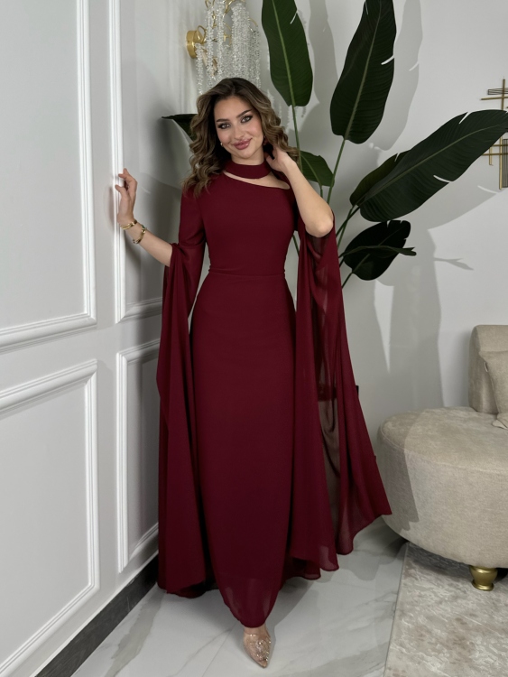 Long Slit Sleeve Elegant Dress (burgundy ) ليليانا