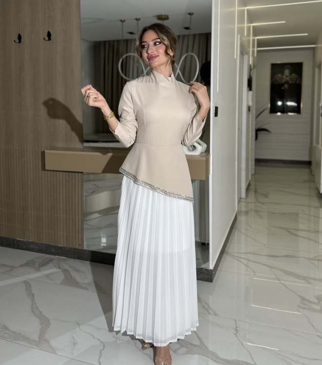Elegant Pleated Waist Dress(بيج)