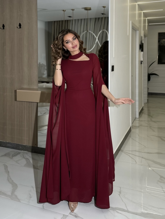 Long Slit Sleeve Elegant Dress (burgundy ) ليليانا