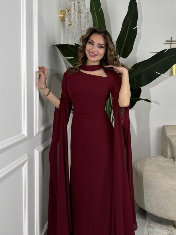 Long Slit Sleeve Elegant Dress (burgundy ) ليليانا