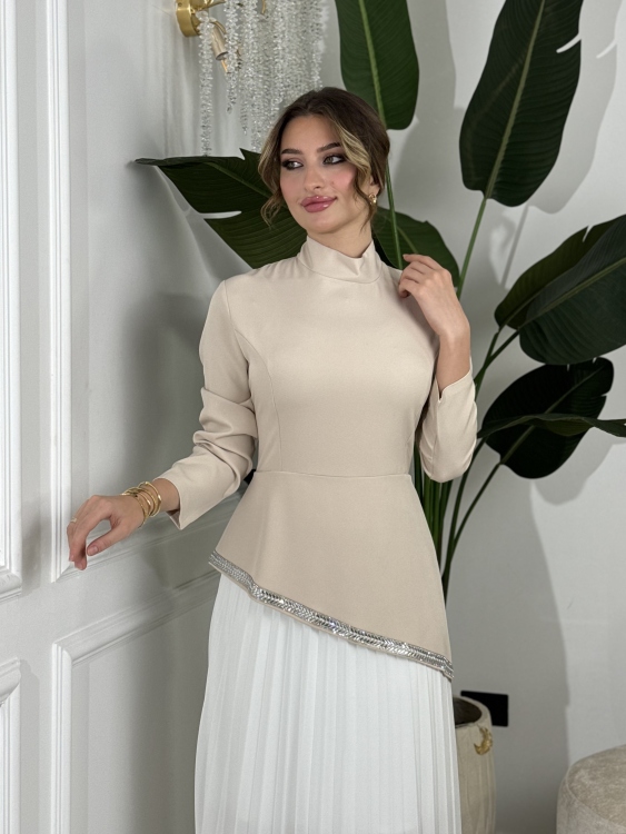 Elegant Pleated Waist Dress(بيج)
