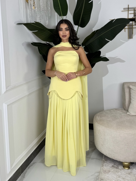 شمس  Two-piece powder yellow dress with long neck shawl