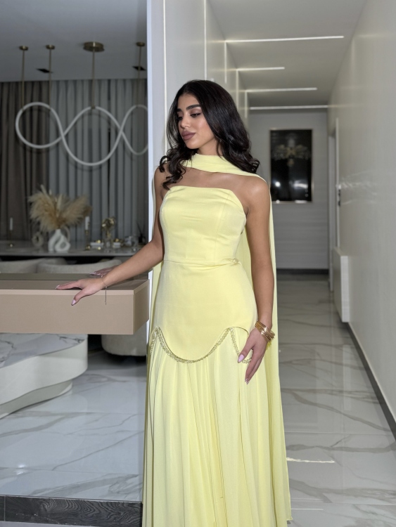 شمس  Two-piece powder yellow dress with long neck shawl