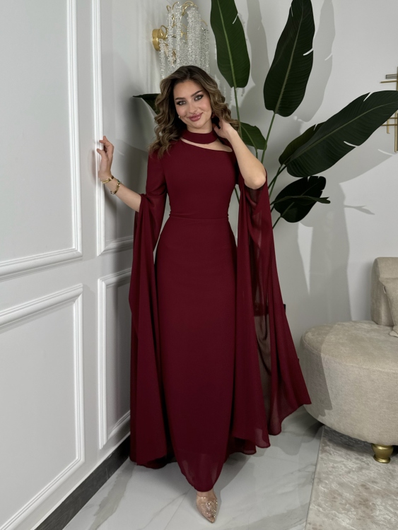Long Slit Sleeve Elegant Dress (burgundy ) ليليانا