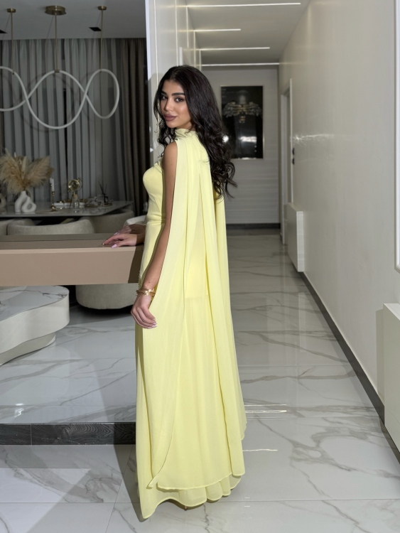 شمس  Two-piece powder yellow dress with long neck shawl