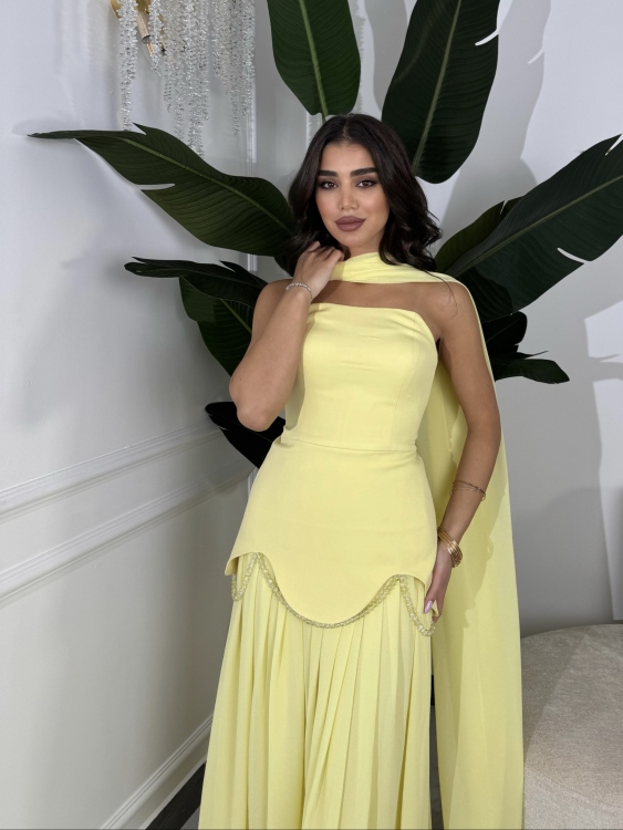 شمس  Two-piece powder yellow dress with long neck shawl