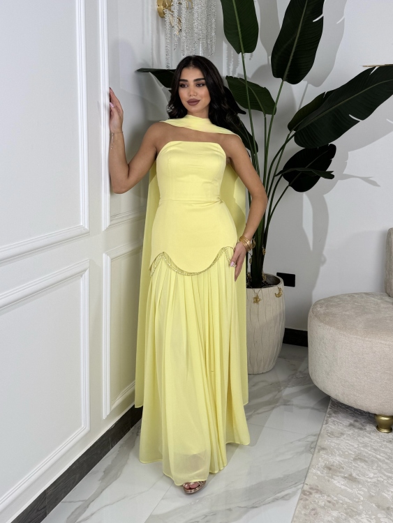 شمس  Two-piece powder yellow dress with long neck shawl