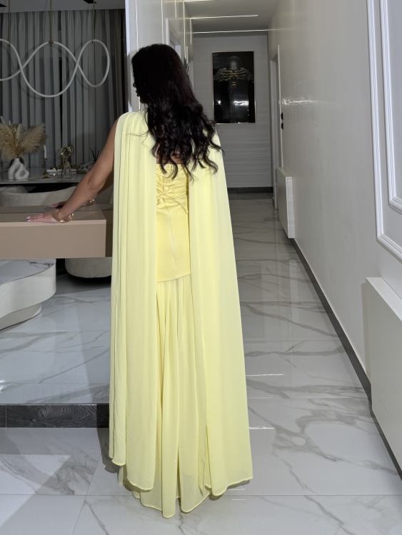 شمس  Two-piece powder yellow dress with long neck shawl