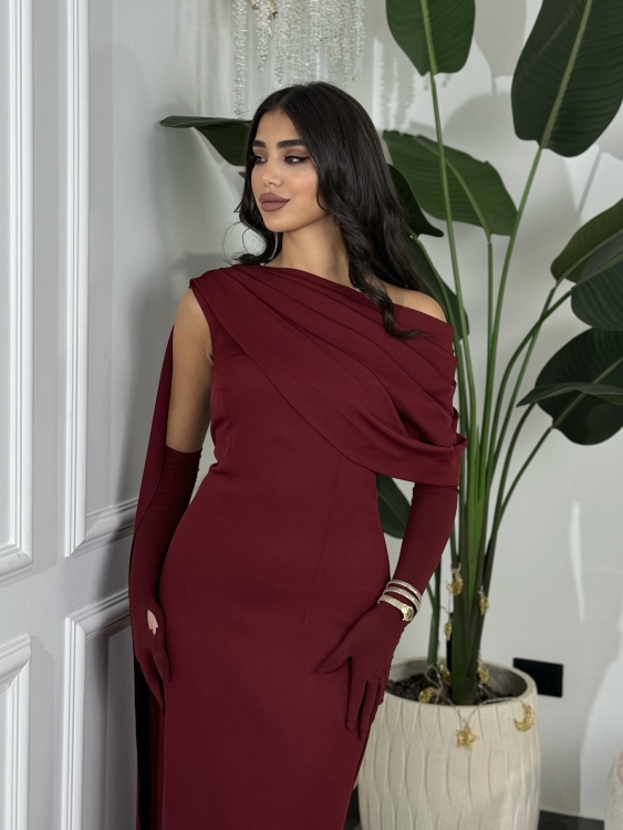  (جوليا )Elegant Julia Dress – One Shoulder & Draped Side Cape