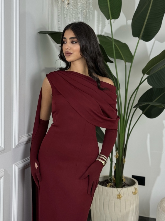  (جوليا )Elegant Julia Dress – One Shoulder & Draped Side Cape