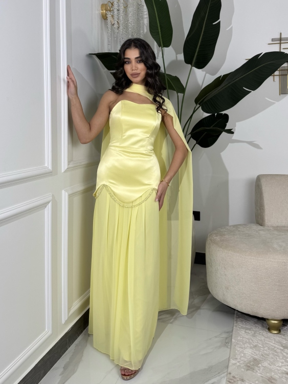 شمس  Two-piece powder yellow dress with long neck shawl