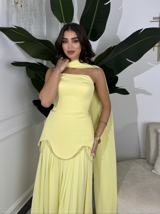 شمس  Two-piece powder yellow dress with long neck shawl