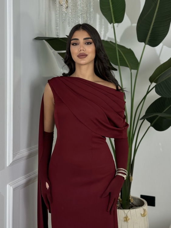 (جوليا )Elegant Julia Dress – One Shoulder & Draped Side Cape