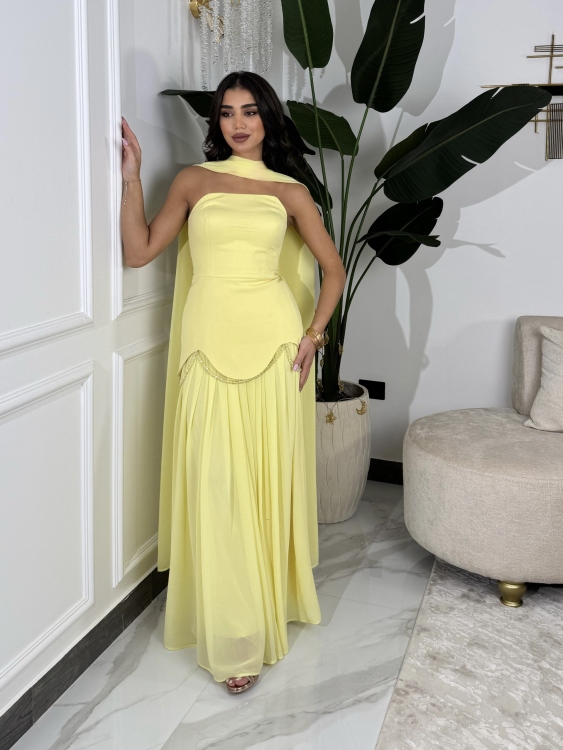شمس  Two-piece powder yellow dress with long neck shawl