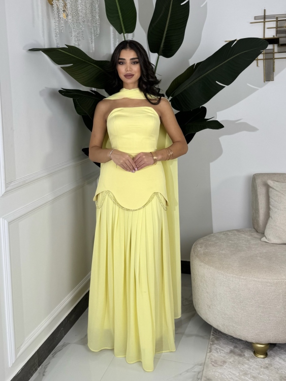 شمس  Two-piece powder yellow dress with long neck shawl