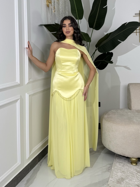 شمس  Two-piece powder yellow dress with long neck shawl