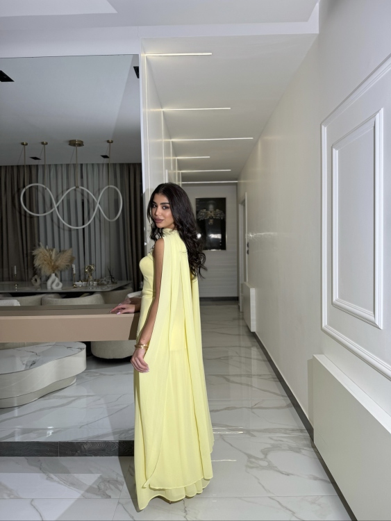 شمس  Two-piece powder yellow dress with long neck shawl