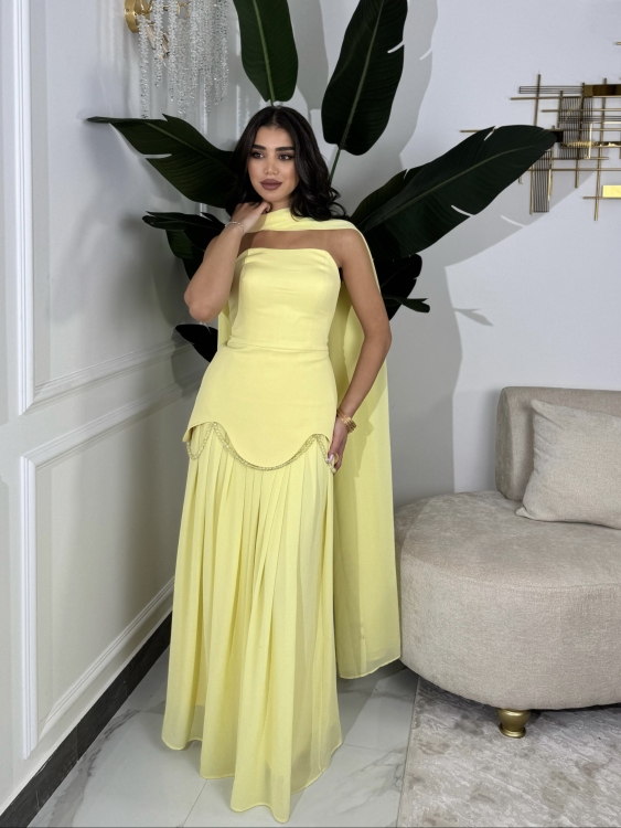 شمس  Two-piece powder yellow dress with long neck shawl
