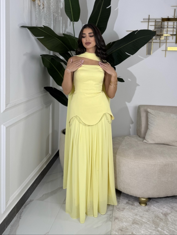 شمس  Two-piece powder yellow dress with long neck shawl