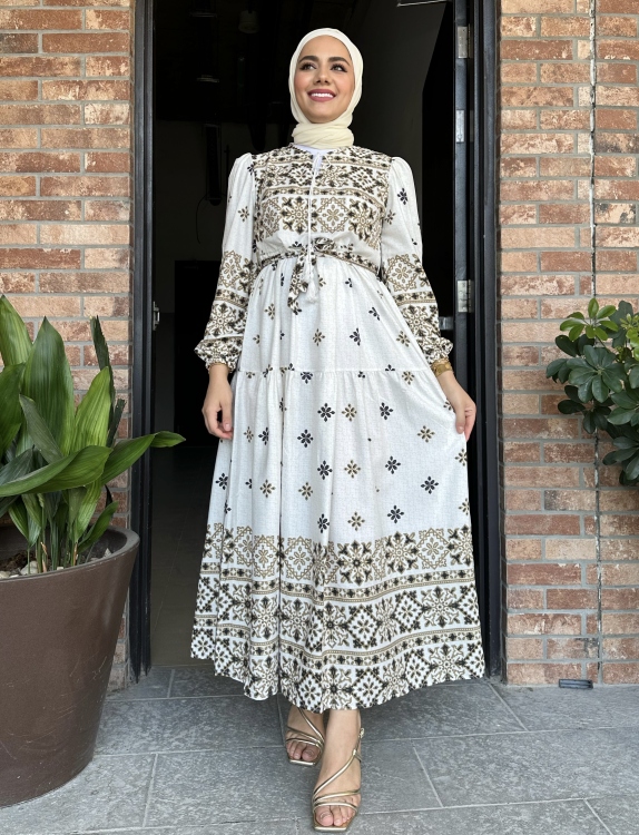 Geo Print Belted Ruffle Dress