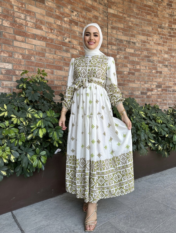 Geo Print Belted Ruffle Dress