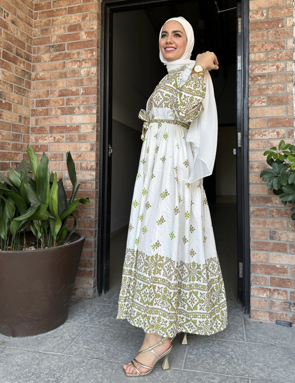 Geo Print Belted Ruffle Dress