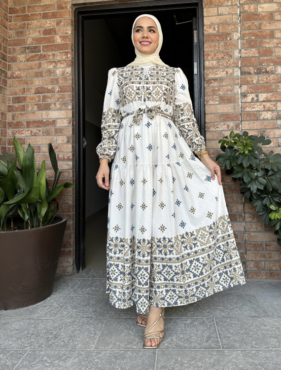 Geo Print Belted Ruffle Dress