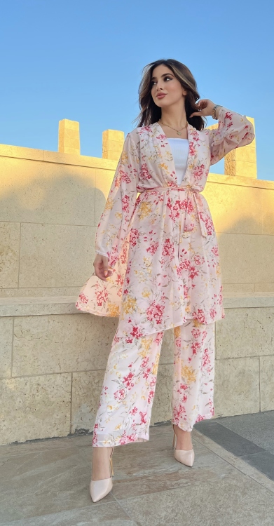 ‏Floral Print Belted Coat & Wide Leg Pants